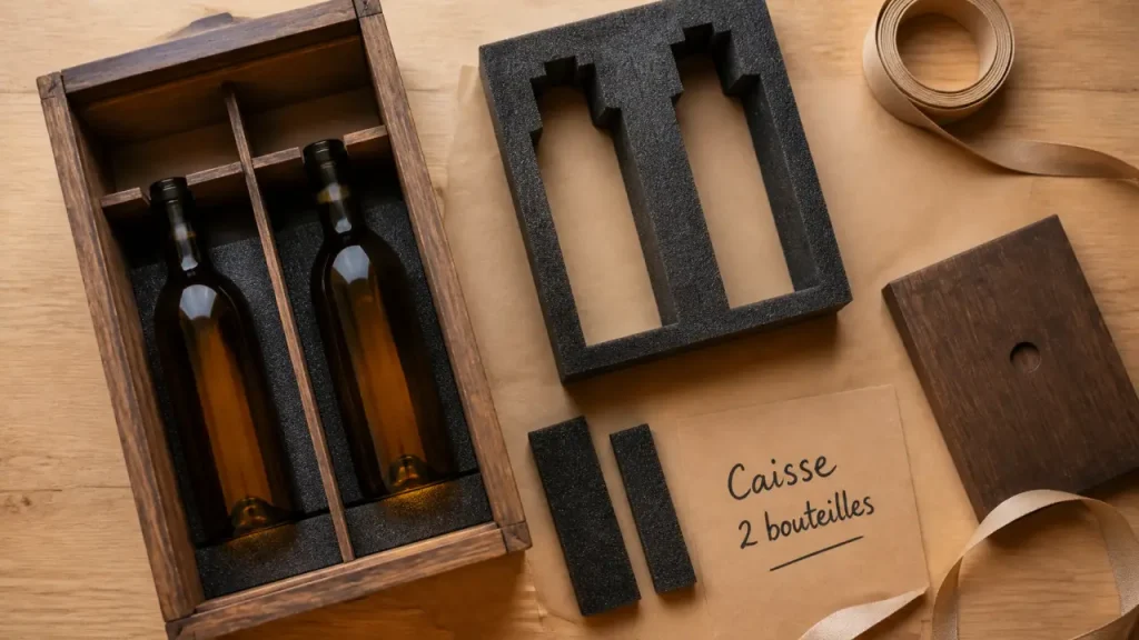 Caisses bois de vin : calage en mousse et format de caisse