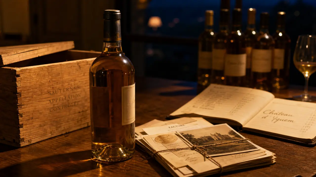 Chateau yquem prix : bouteille de Sauternes et documents de revente