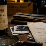 Cheval blanc vin prix 1947, bouteille sur table bois