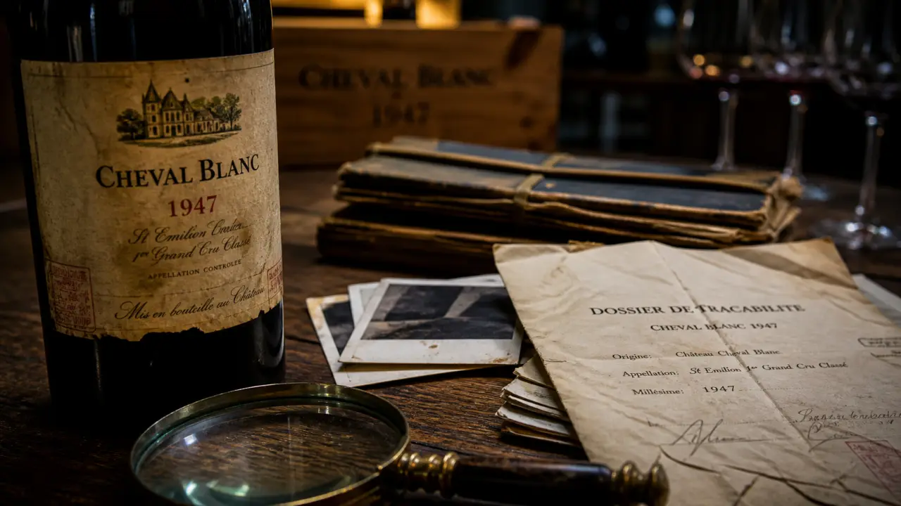Cheval blanc vin prix 1947, bouteille sur table bois