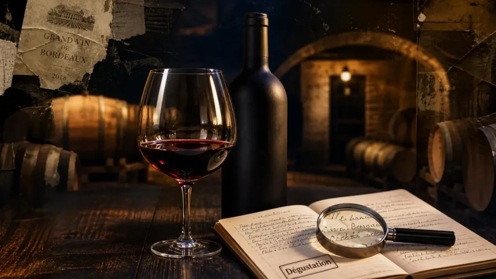 Culture oenologique : verre de vin, loupe et notes de dégustation au chai