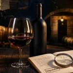 Culture oenologique : verre de vin, loupe et notes de dégustation au chai