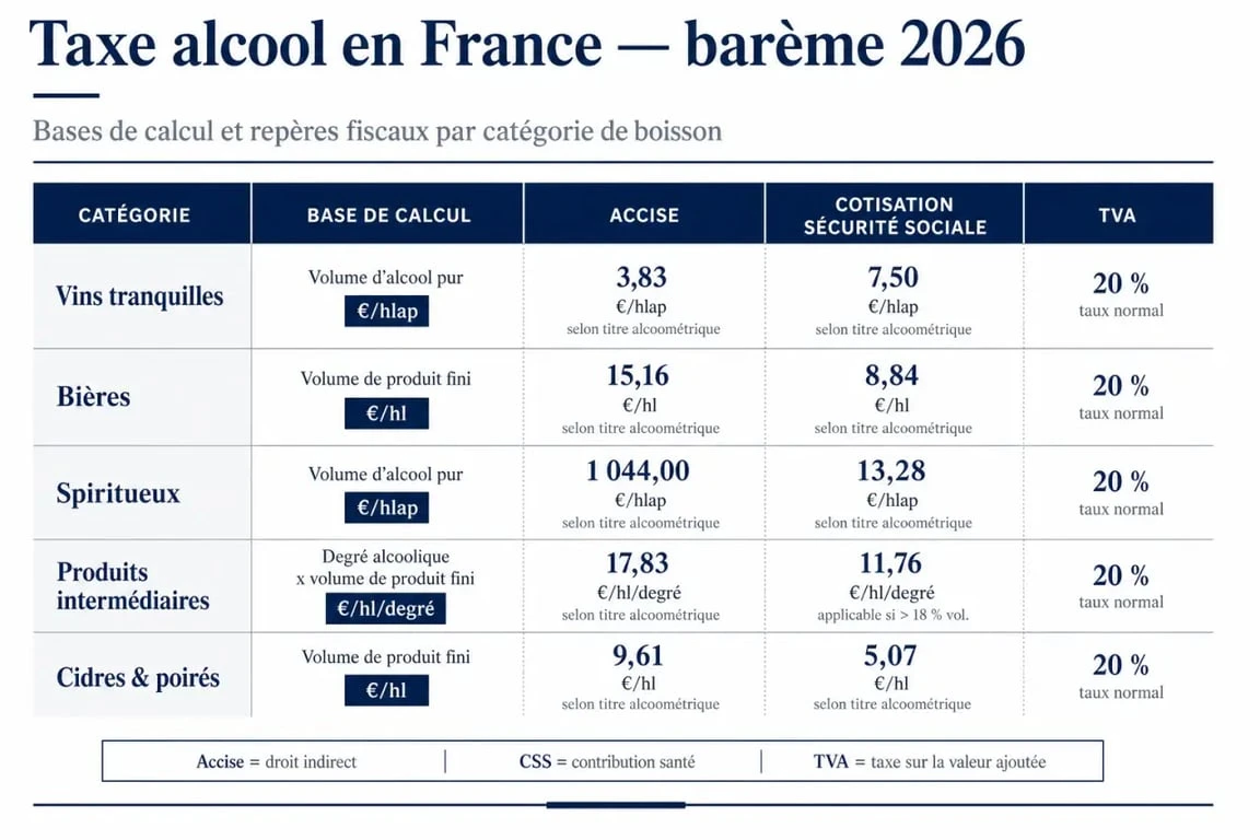 Taxe alcool en France : comparaison visuelle des accises, de la CSS et de la TVA selon la catégorie de boisson