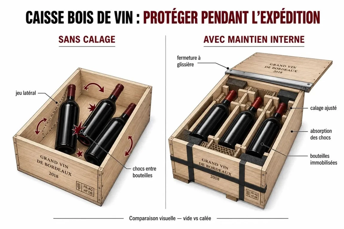 Protection et calage dans les caisses bois de vin pour conserver ou expédier des bouteilles