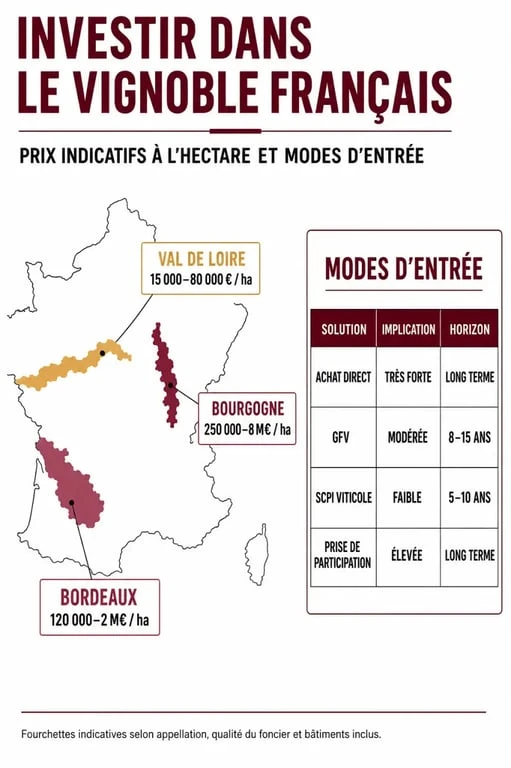 Investir dans le vignoble : comparaison des prix à l’hectare et des modes d’entrée en France