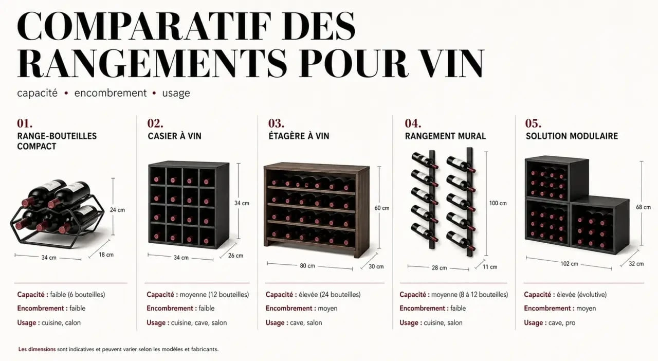 Comparatif visuel du rangement pour vin selon la capacité et l’espace disponible