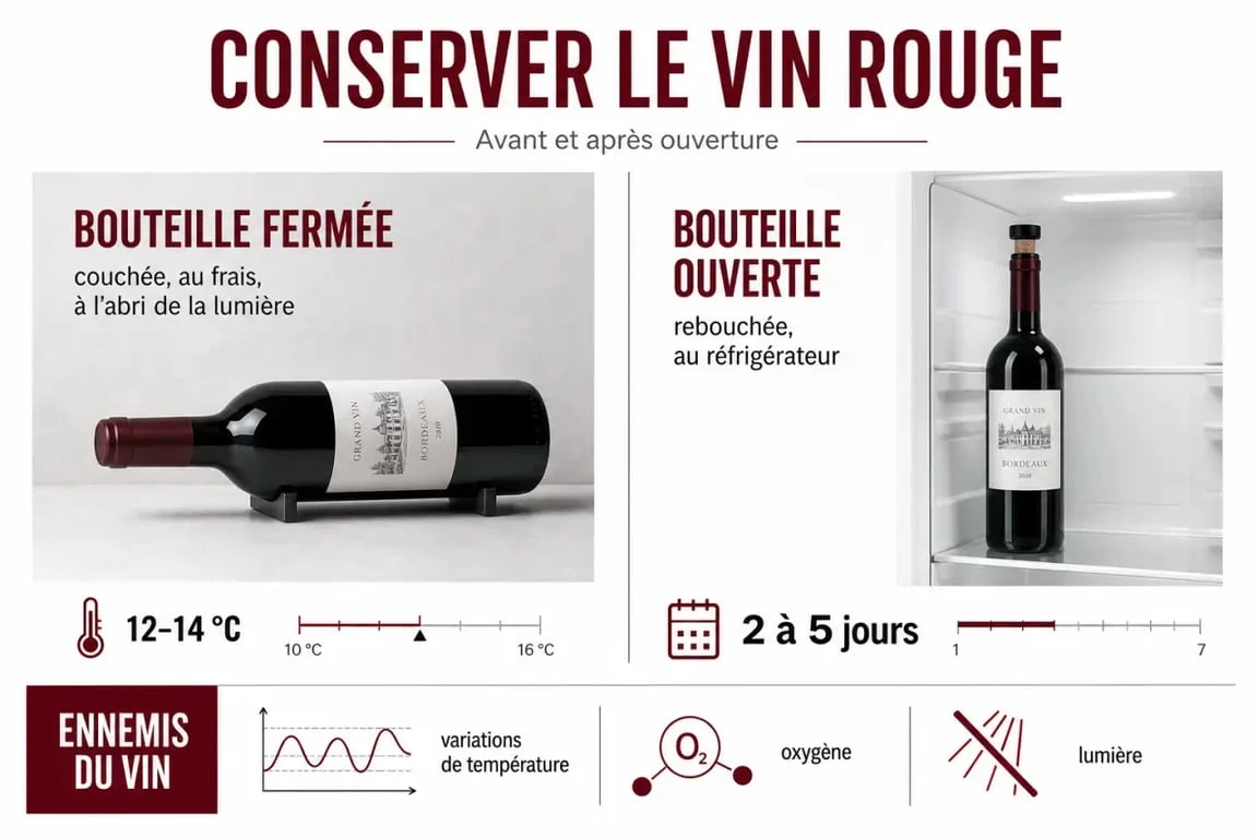 Conservation du vin rouge : infographie sur la température idéale, la bouteille couchée et les conseils après ouverture