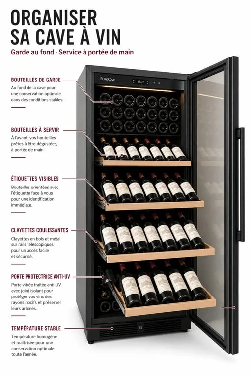 Organisation intérieure d’une cave a vin eurocave avec clayettes et rangement
