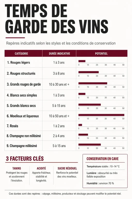 Tableau temps de garde des vins avec durées indicatives par type de vin et facteurs de conservation