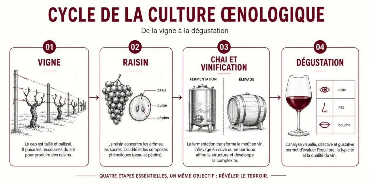 Schéma de culture œnologique montrant la vigne, le chai, le vin et la dégustation