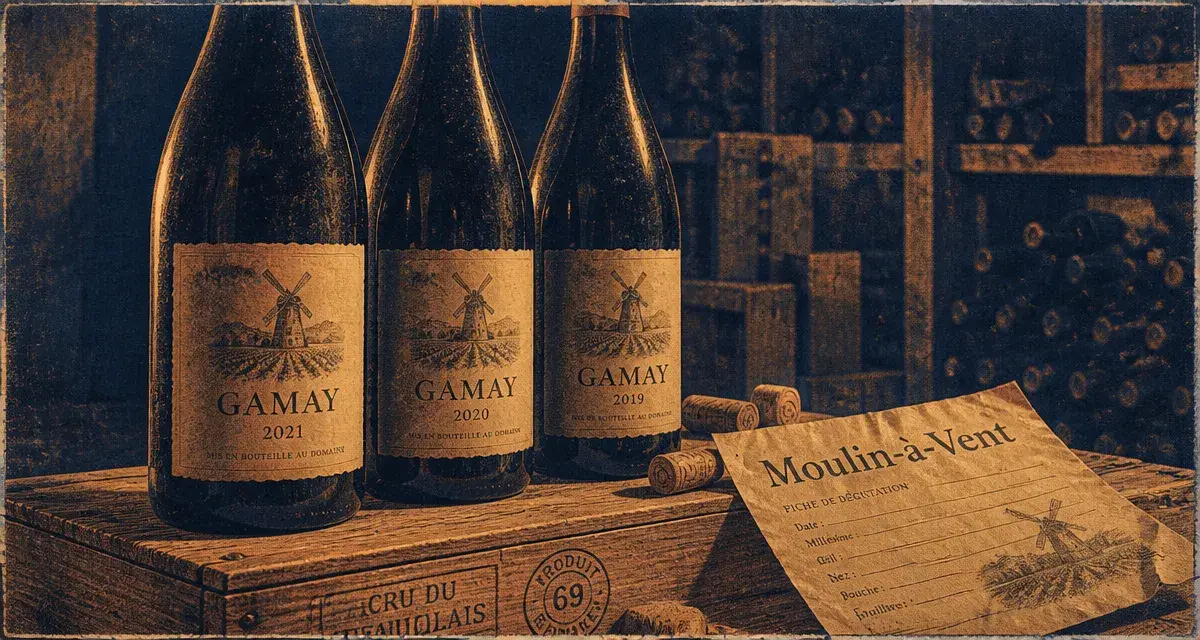 Grands crus du Beaujolais : bouteilles de Gamay en cave viticole