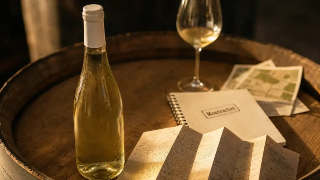 Grands crus Montrachet : bouteille de vin blanc sur tonneau en chêne, lumière dorée