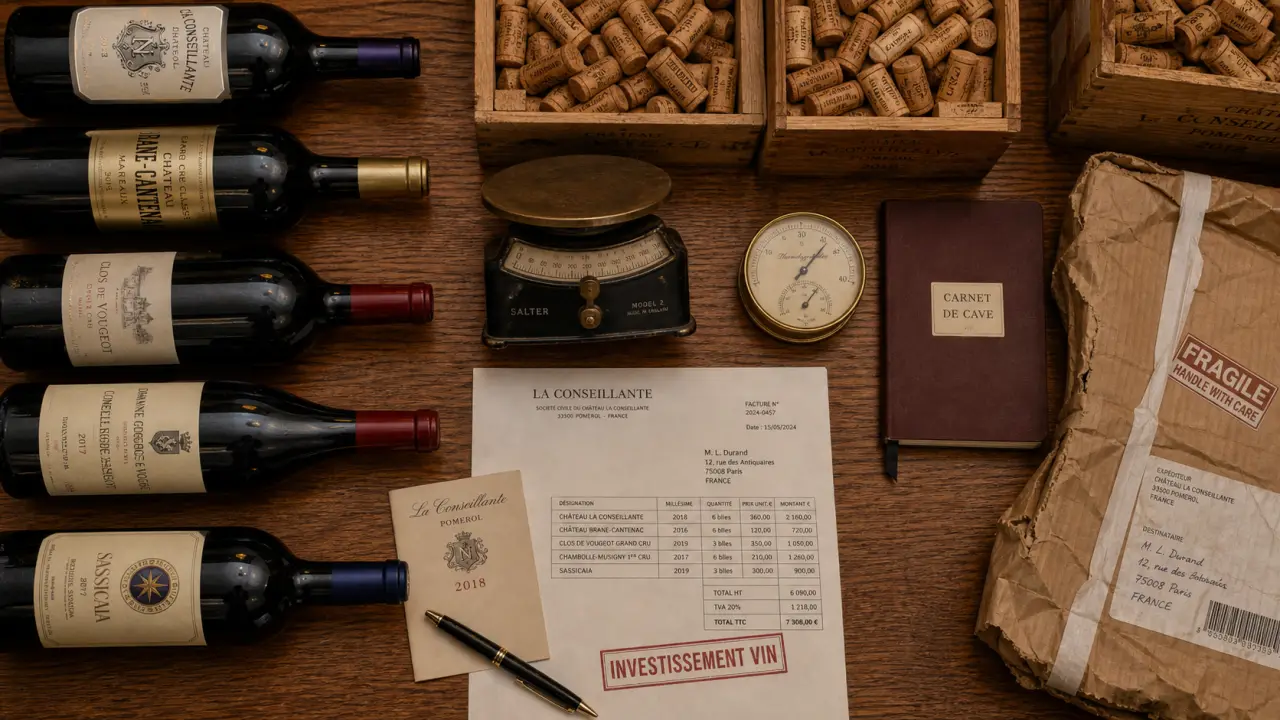 Investissement vin : bouteilles dans la cave, caisses et thermohygromètre