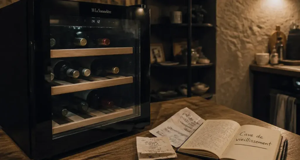 Petite cave a vin : bouteilles couchées et carnet de suivi, vieillissement