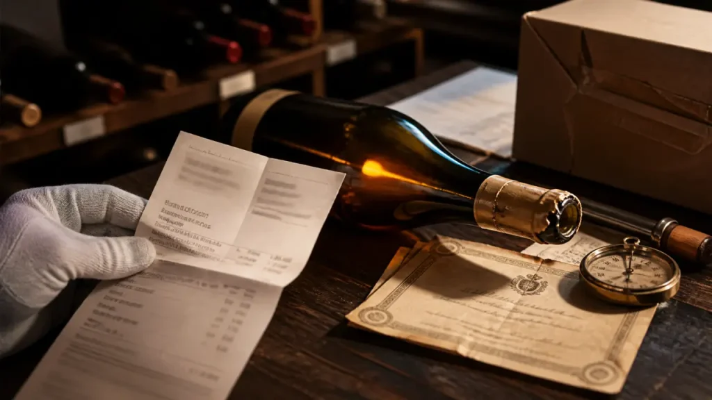 Prix romanee conti : bouteille de Bourgogne et documents d’authenticité