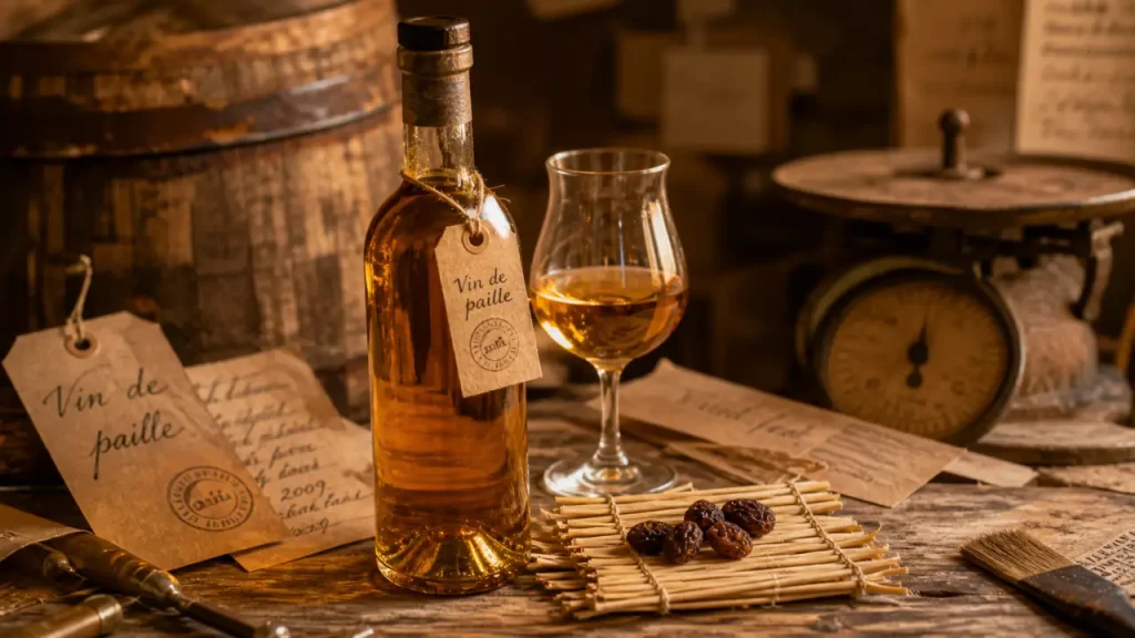Prix du vin de paille : bouteille ambrée et raisins séchés