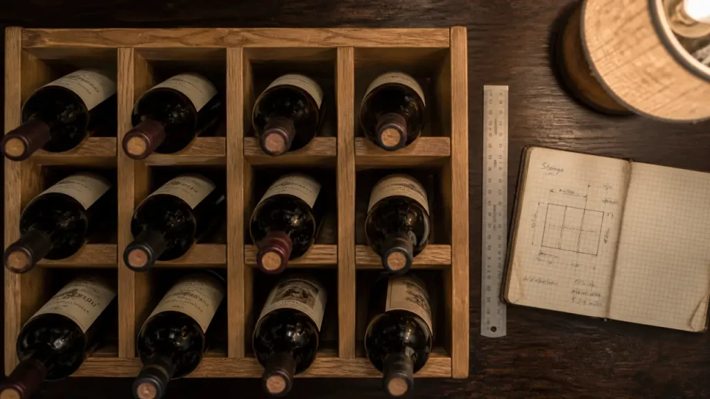 Rangement pour vin horizontal : casier bois avec bouteilles