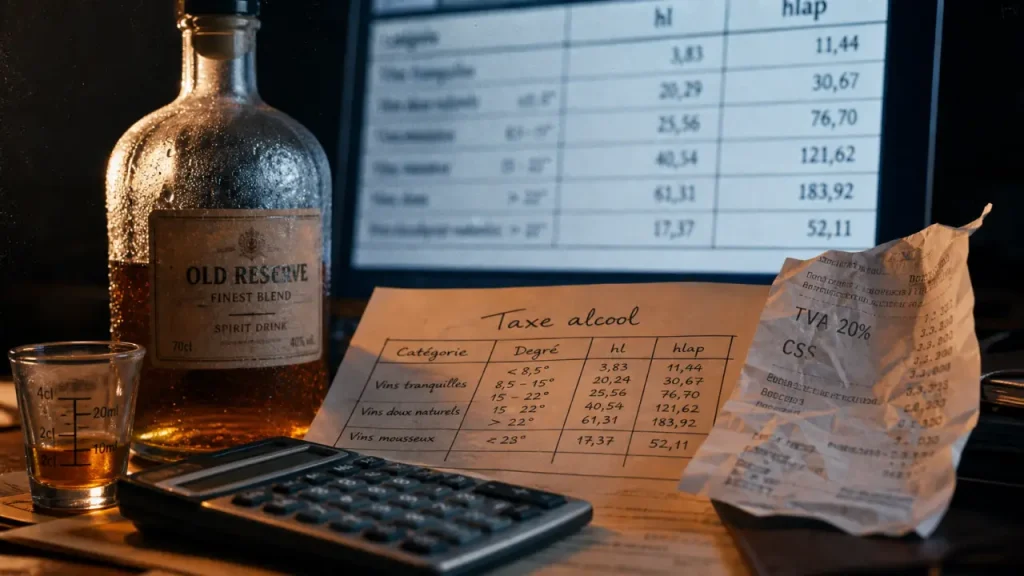 Taxe alcool 2026 : accise, CSS et calculs sur un bureau