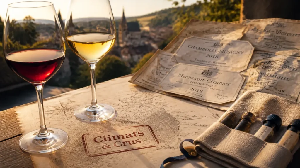 Vin de bourgogne : carte des climats et grands crus, verres de Pinot Noir et Chardonnay