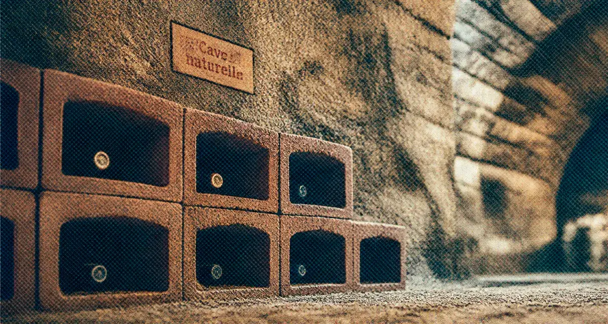 Cave à vin naturelle en pierre, cave voûtée, casiers et bouteilles