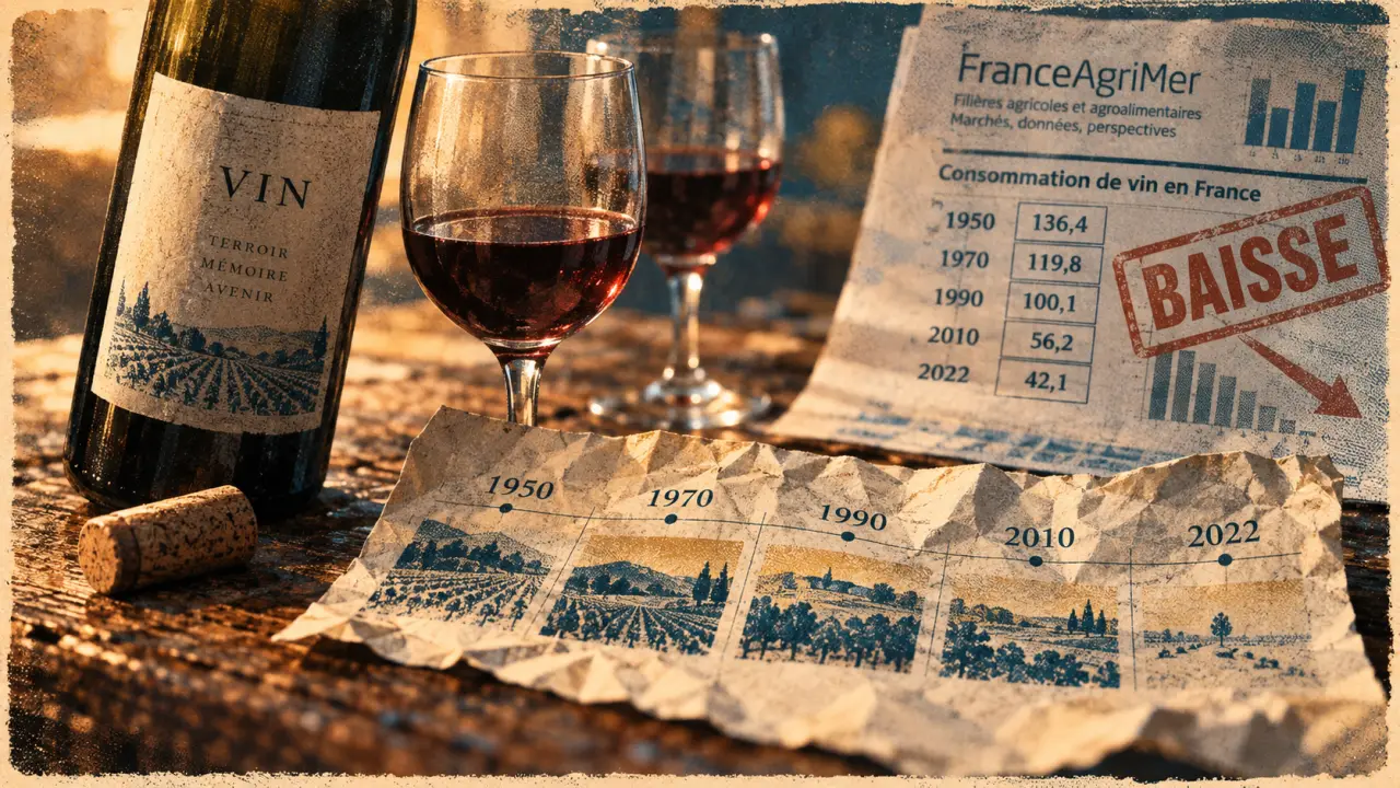 Consommation de vin en France depuis 1950 : forte baisse de 60% (bouteille et chiffres FranceAgriMer).