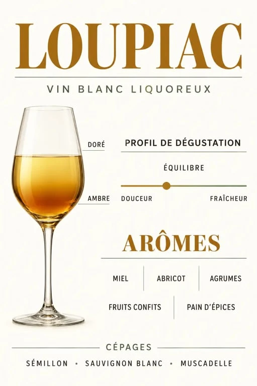 Infographie sur le Loupiac vin blanc, ses arômes, ses cépages et son équilibre entre douceur et fraîcheur