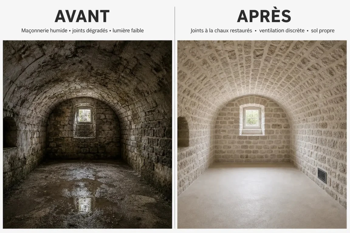 Avant après d’une cave voûtée montrant l’assainissement et la rénovation des joints