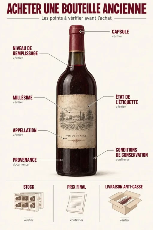 Infographie pour choisir une bouteille de vin ancienne selon le millésime, le niveau et l’état de conservation