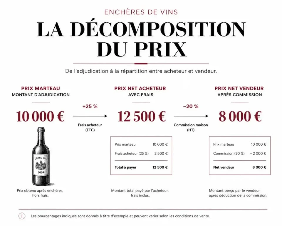 Schéma de la cotation du vin montrant la différence entre prix marteau, frais acheteur et prix net vendeur