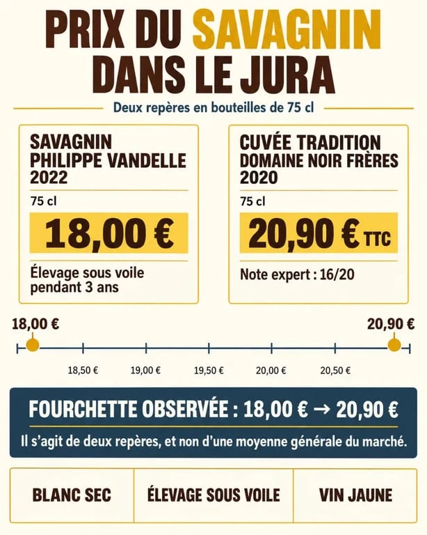 Infographie sur le prix du vin Savagnin : deux bouteilles du Jura de 18,00 € à 20,90 €