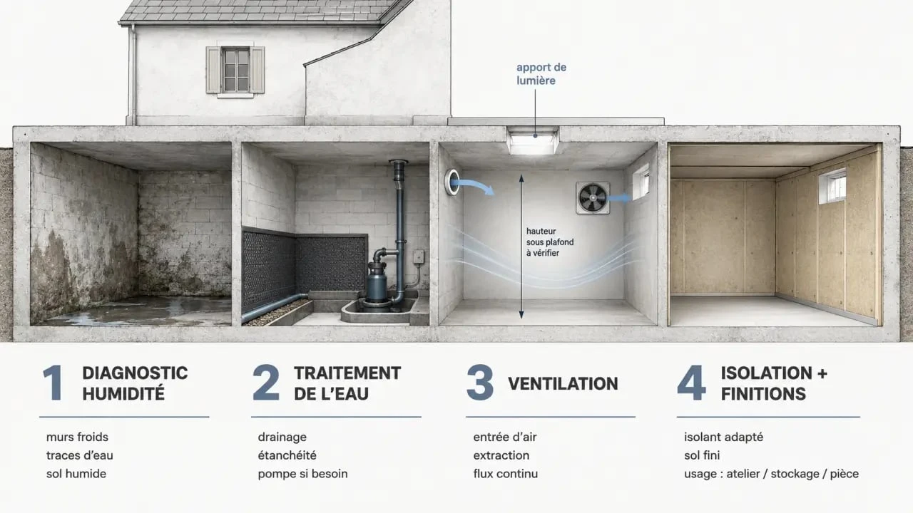 Aménager une cave : schéma des étapes de diagnostic, ventilation et isolation