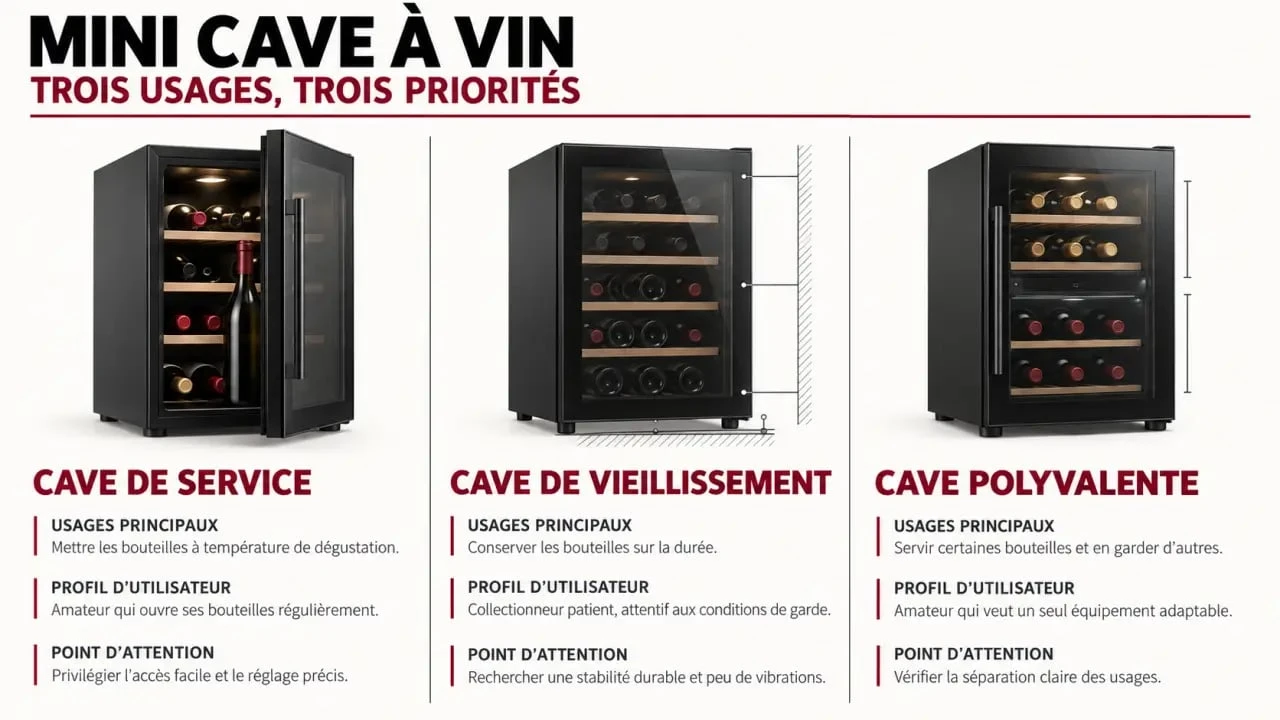 Infographie pour choisir une mini cave à vin de service, de vieillissement ou polyvalente