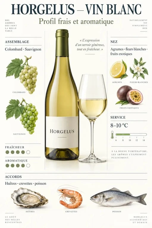 Vin blanc Horgelus, cépages, service et accords avec les fruits de mer