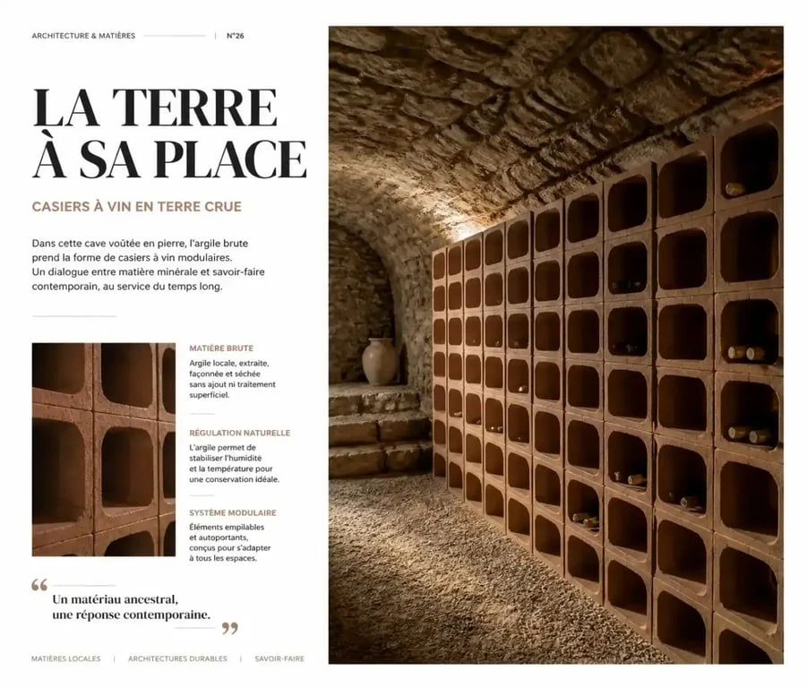 Cave à vin naturelle en argile installée dans une cave voûtée en pierre