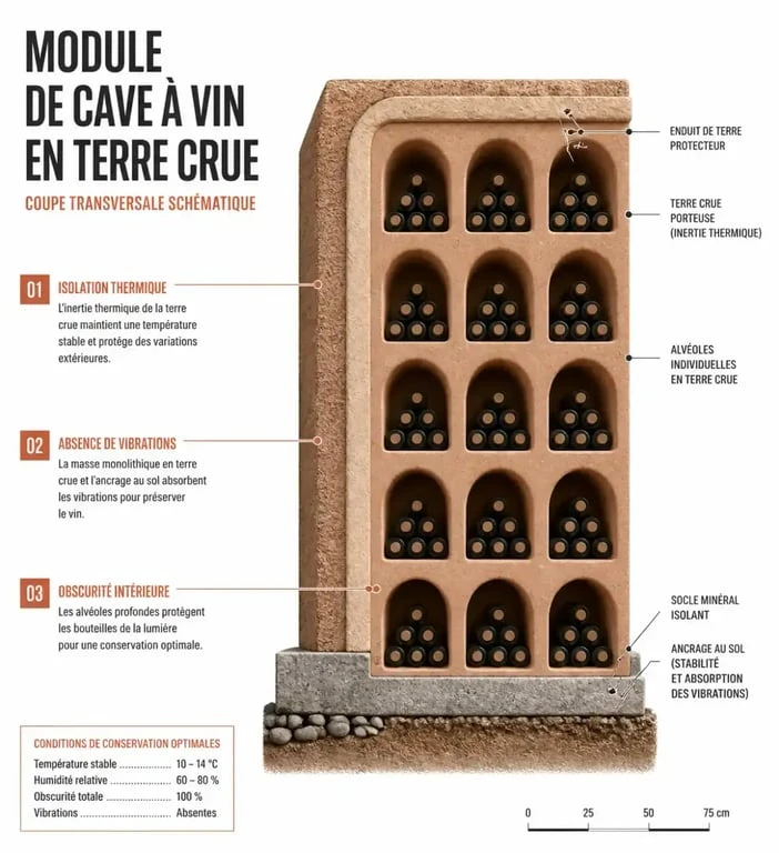 Schéma d'une cave à vin naturelle en argile crue montrant l'empilement des casiers