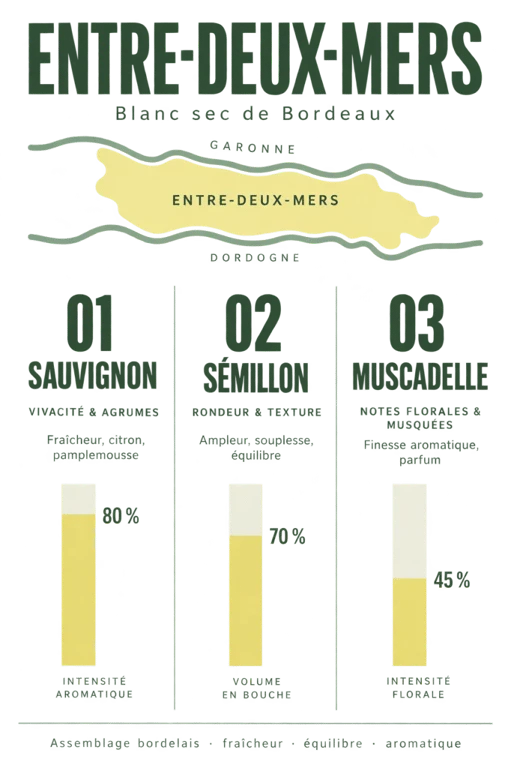 Infographie sur le vin blanc Entre-deux-Mers, ses cépages et leurs rôles dans l’assemblage
