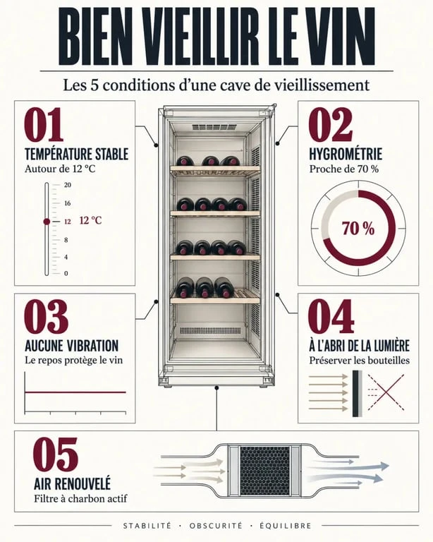 Infographie des conditions essentielles d’une cave à vin de vieillissement