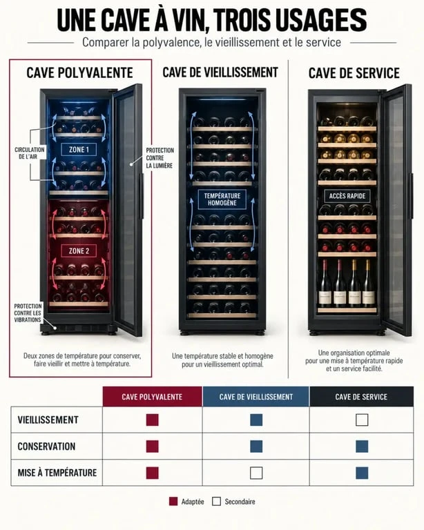 Infographie comparative sur une cave vin polyvalente, une cave de vieillissement et une cave de service