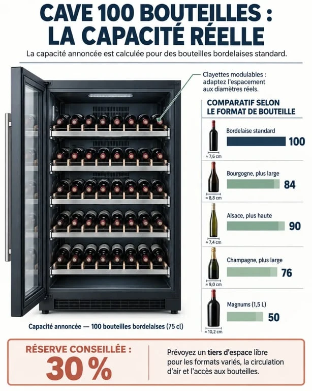 Infographie sur la capacité réelle d'une cave à vin 100 bouteille selon les formats de flacons