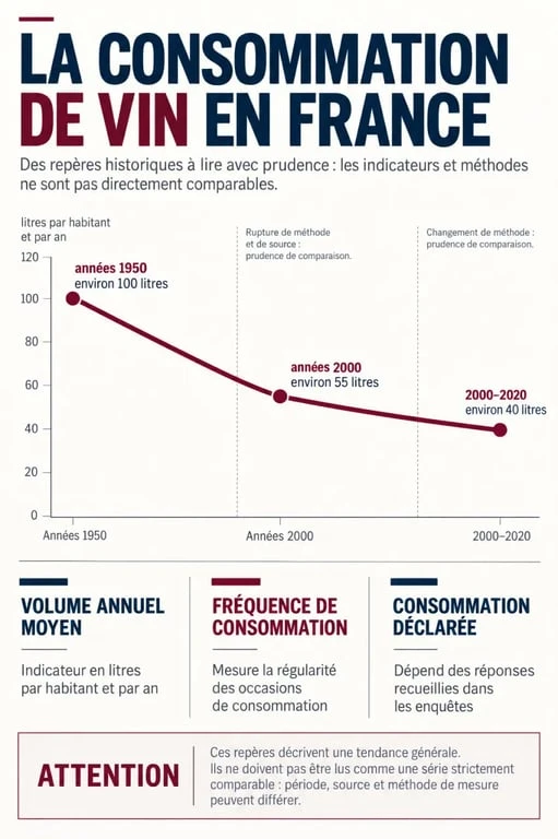 Infographie sur la consommation de vin en France depuis 1950 et la baisse des volumes par habitant