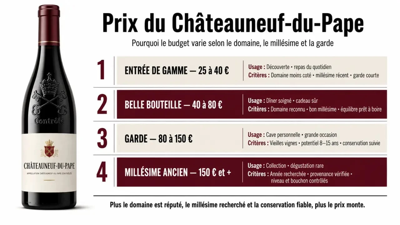 Prix du vin chateauneuf du pape : comparaison visuelle des gammes de prix, du budget découverte à l'achat de garde