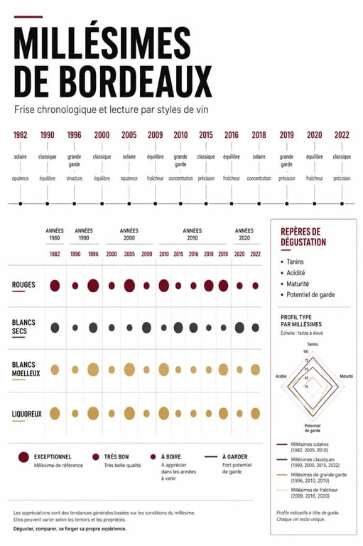 Millésimes Bordeaux : frise des grandes années pour les rouges, blancs secs et liquoreux