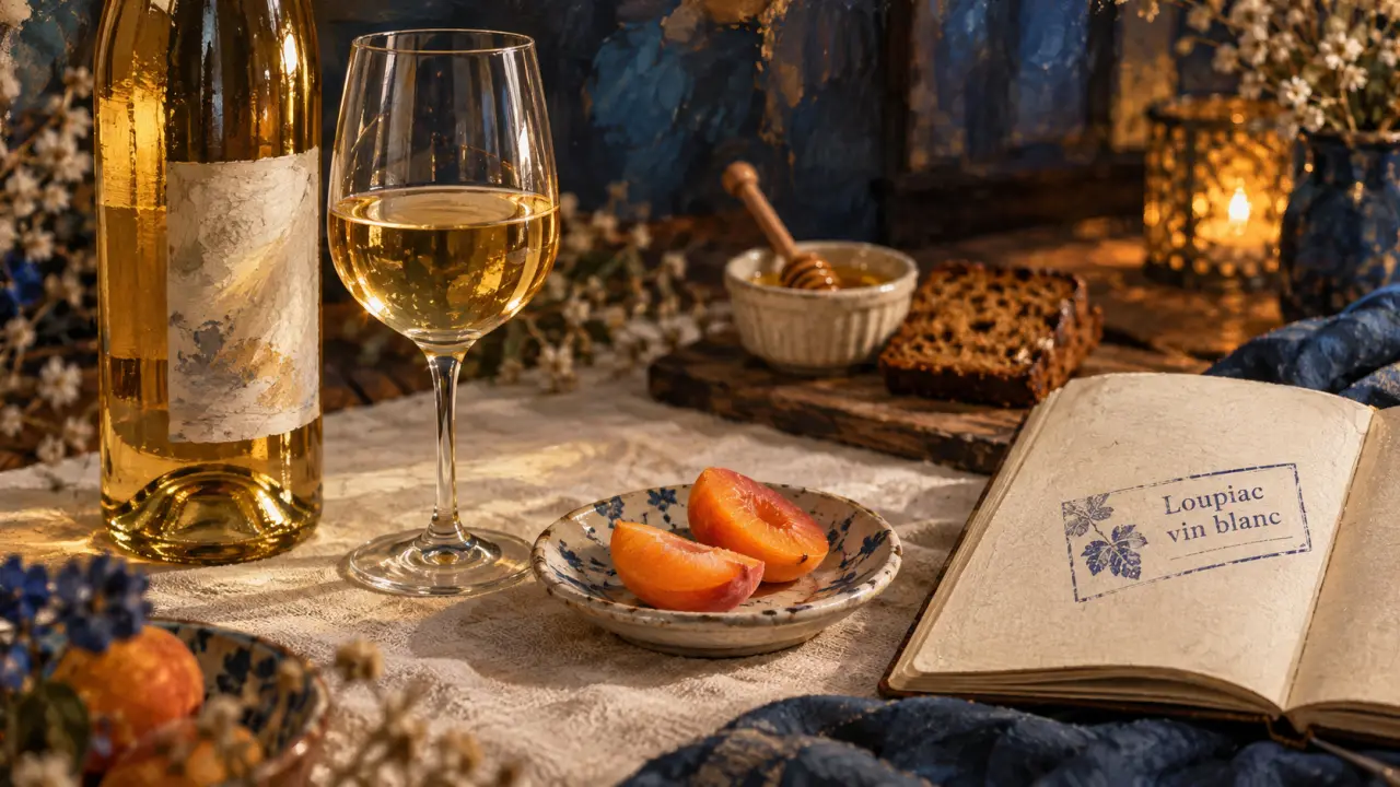 Loupiac vin blanc : bouteille dorée et abricots