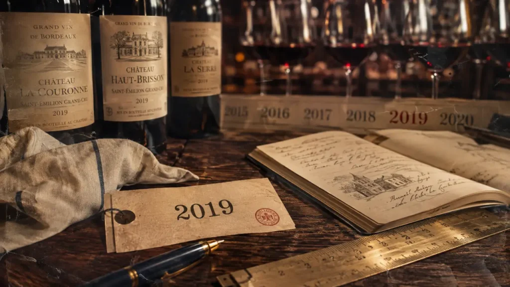 Millesimes Bordeaux : étiquette 2019 sur table, rouges, blancs secs et liquoreux