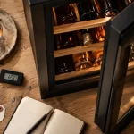 Mini cave à vin dans un espace réduit, bouteilles sur clayettes