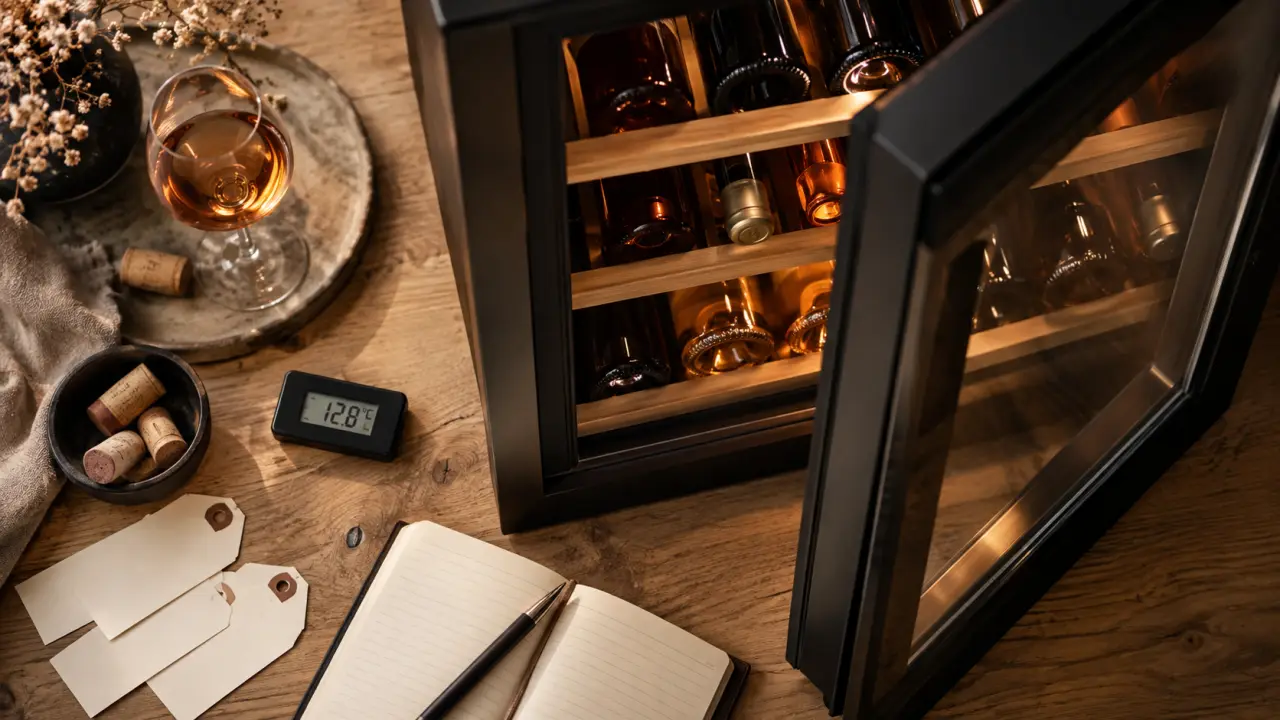 Mini cave à vin dans un espace réduit, bouteilles sur clayettes