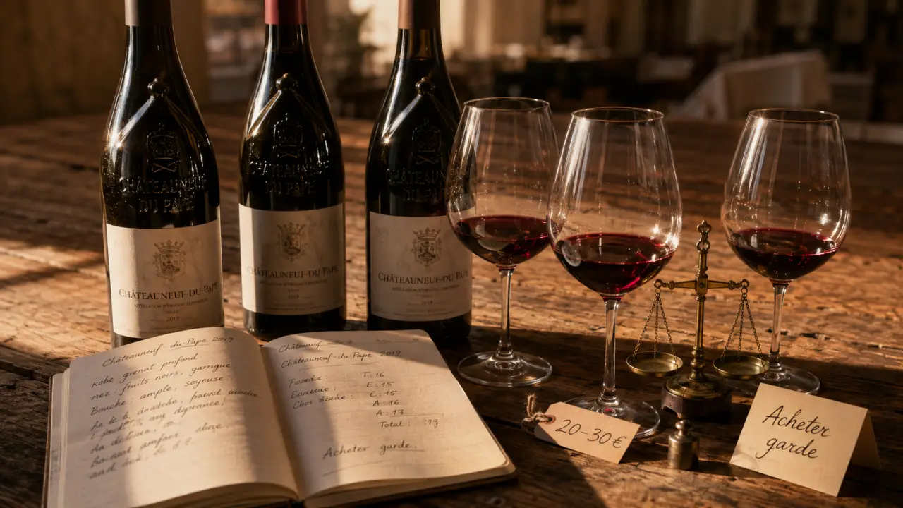Prix du vin chateauneuf du pape 20–30 € sur table en chêne