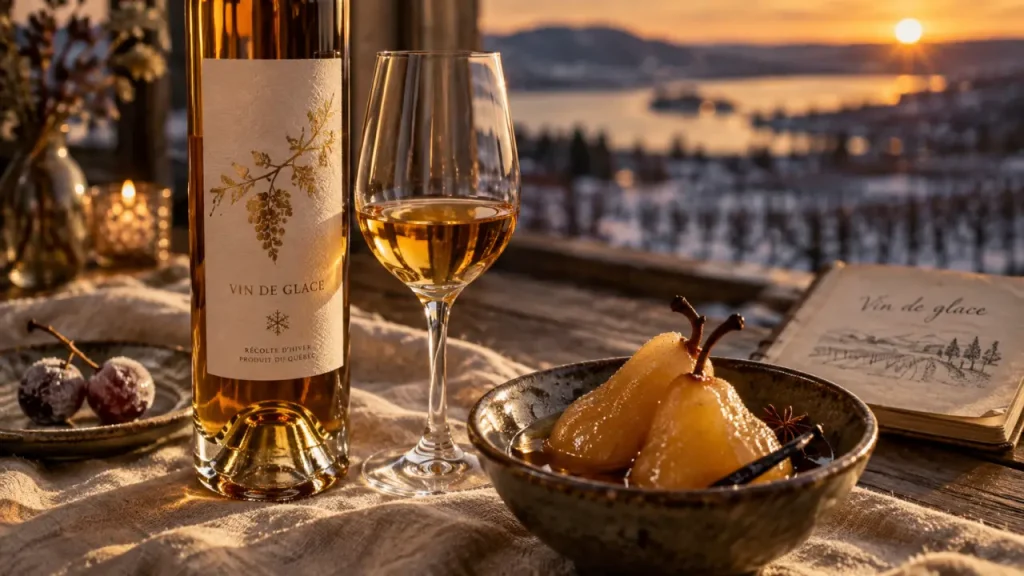 Prix du vin de glace : bouteille et raisins glacés sur table