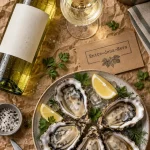 Vin blanc entre deux mers en seau à glaçons, huîtres et citron