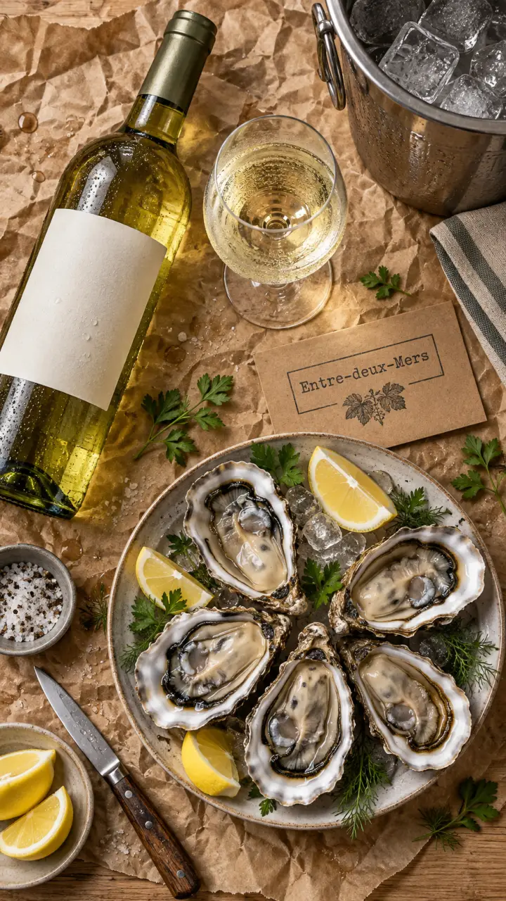 Vin blanc entre deux mers en seau à glaçons, huîtres et citron